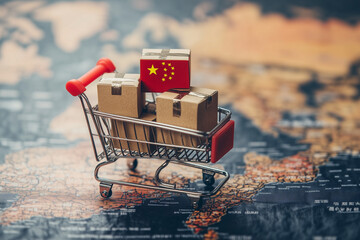 Miniature shopping cart with cardboard boxes featuring the Chinese flag on a world map, symbolizing global trade, e-commerce, and shipping logistics