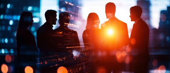 A group of silhouettes engaged in conversation against a vibrant, illuminated city backdrop, conveying a sense of collaboration and networking.