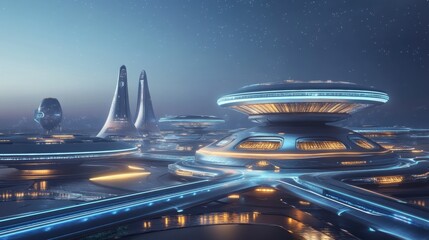 A futuristic spaceport with sleek metallic structures and glowing lights