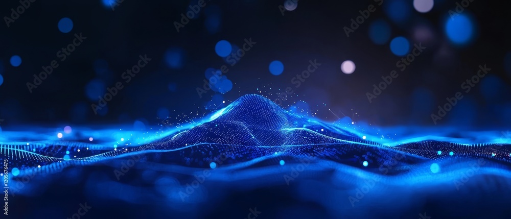Poster a mesmerizing digital landscape of blue waves illuminated by glowing particles, evoking a sense of d