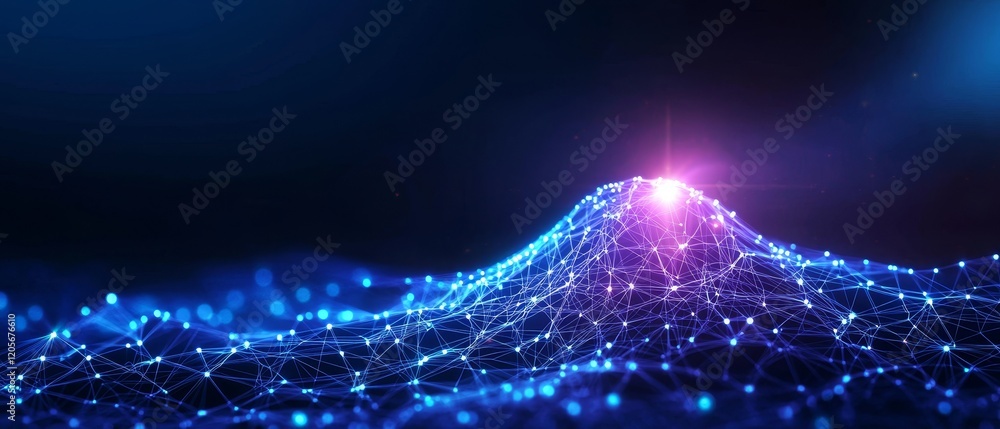Poster an abstract digital landscape featuring a glowing peak surrounded by a network of interconnected blu