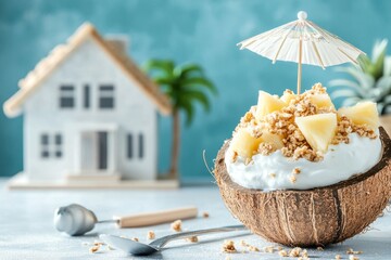 A tropical scene featuring a coconut shell filled with yogurt, topped with pineapple chunks, and served with a small umbrella