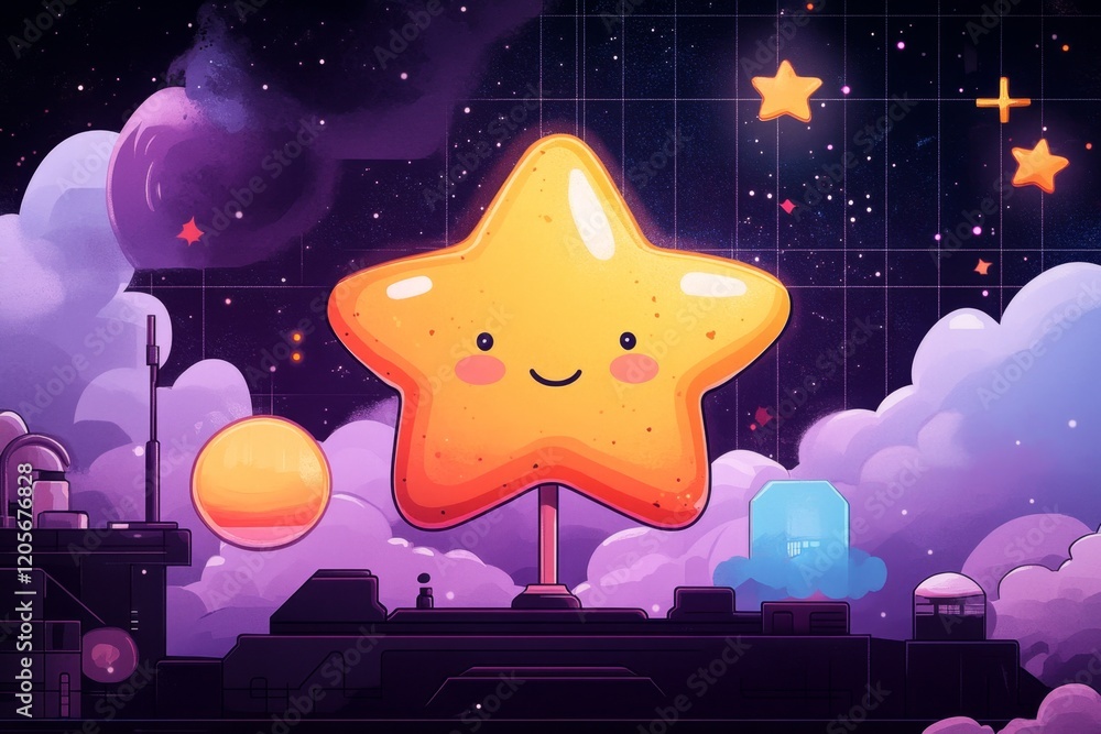 Poster a pixel art rendition of a yellow starburst candy with animated sparkles, set against a retro-style 