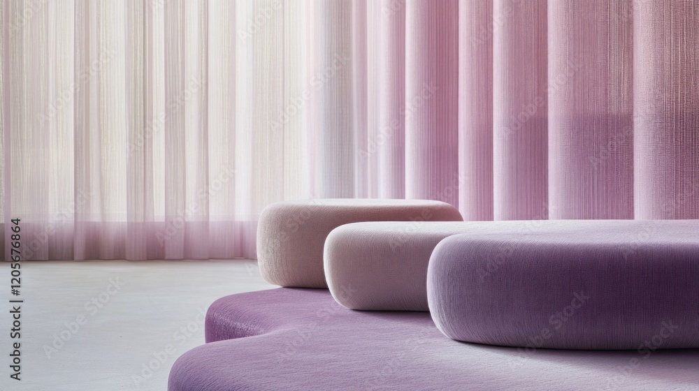 Poster smooth velvet-like pastel gradient transitioning interior design with three rounded poufs