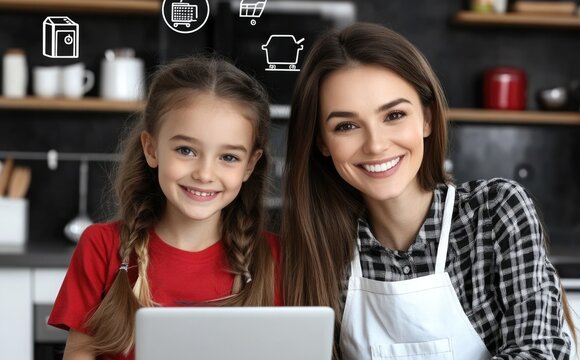 Shared moment: mother and daughter using laptop for online shopping, selecting items with digital icons, ordering products from marketplace, enjoying convenience of browsing, seamless shipping. - Powered by Adobe