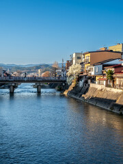 Obraz premium Full blooming cherry blossom tree, sakura blooming, in spring season all the town in Takayama, Japan, under clear blue sky