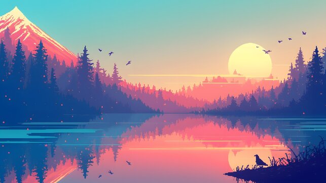 Pixel art of a serene landscape with a mountain lake and a sunset sky, ideal for a peaceful game environment.