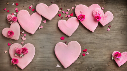 Obraz premium Colorful heart shapes and dried flowers create a romantic decoration on a wooden surface for a love-themed celebration