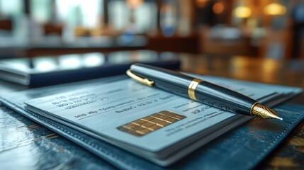 Elegant Fountain Pen Resting on Checks and Debit Card