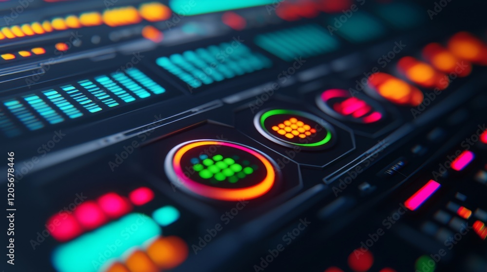 Poster a close-up of vibrant digital controls and data visualizations showcasing a futuristic interface wit