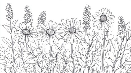 Fototapeta premium Soft, gentle line art of wildflowers, such as daisies and lavender, set against a simple backdrop of leaves and twigs for a serene coloring page experience