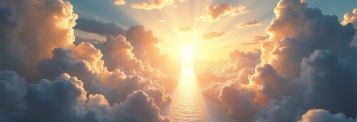 Fototapeta premium Golden sun shining through clouds over ocean at sunset