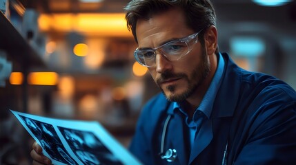 Fototapeta premium A man in a lab coat is looking at a piece of paper with a picture on it
