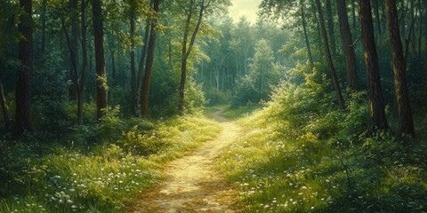 Fototapeta premium A sunlit path through a lush green forest with white flowers, symbolizing serenity and beauty. Perfect for nature and environmental themes.