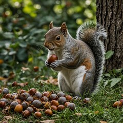 A squirrel gathering acorns, with summer greenery fading into autumn hues in the background.