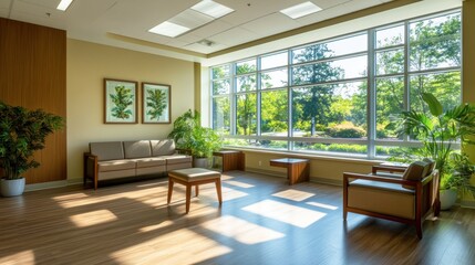 A modern healthcare facility with eco-friendly materials and large windows