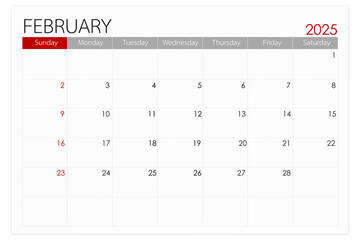 Calendar February 2025 page isolated on white background, Save clipping path.