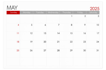 Calendar May 2025 page isolated on white background, Save clipping path.