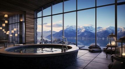 Obraz premium A photo of a spa bath with panoramic views.