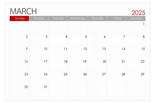 Calendar March 2025 page isolated on white background, Save clipping path.