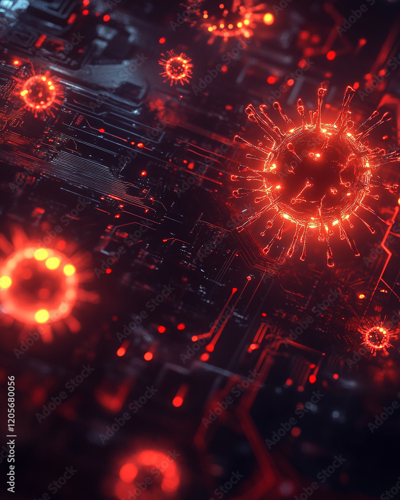 Poster Digital representation of viruses and circuits in red and black on a computer motherboard