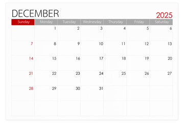 Calendar December 2025 page isolated on white background, Save clipping path.