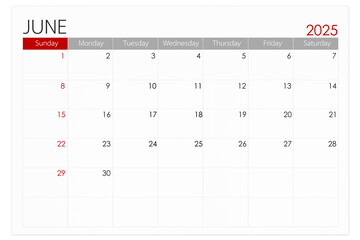 Calendar June 2025 page isolated on white background, Save clipping path.