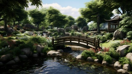 A photo of a spa garden with a bridge over a flowing water