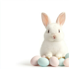 playful baby rabbit surrounded by scattered decorative pastel eggs on white background