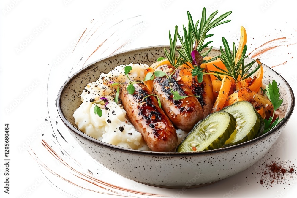 Poster a simple 2d drawing of a wurst sausage plate with mashed potatoes and pickles, illustrated with brig