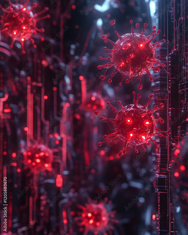 Poster red glowing virus models over a dark circuit board in a futuristic digital design