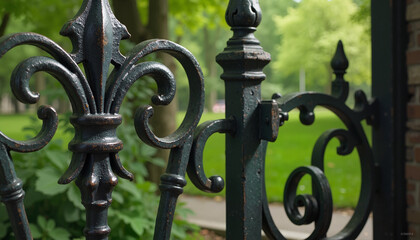  Ornamental wrought iron gate with greenery in the background

