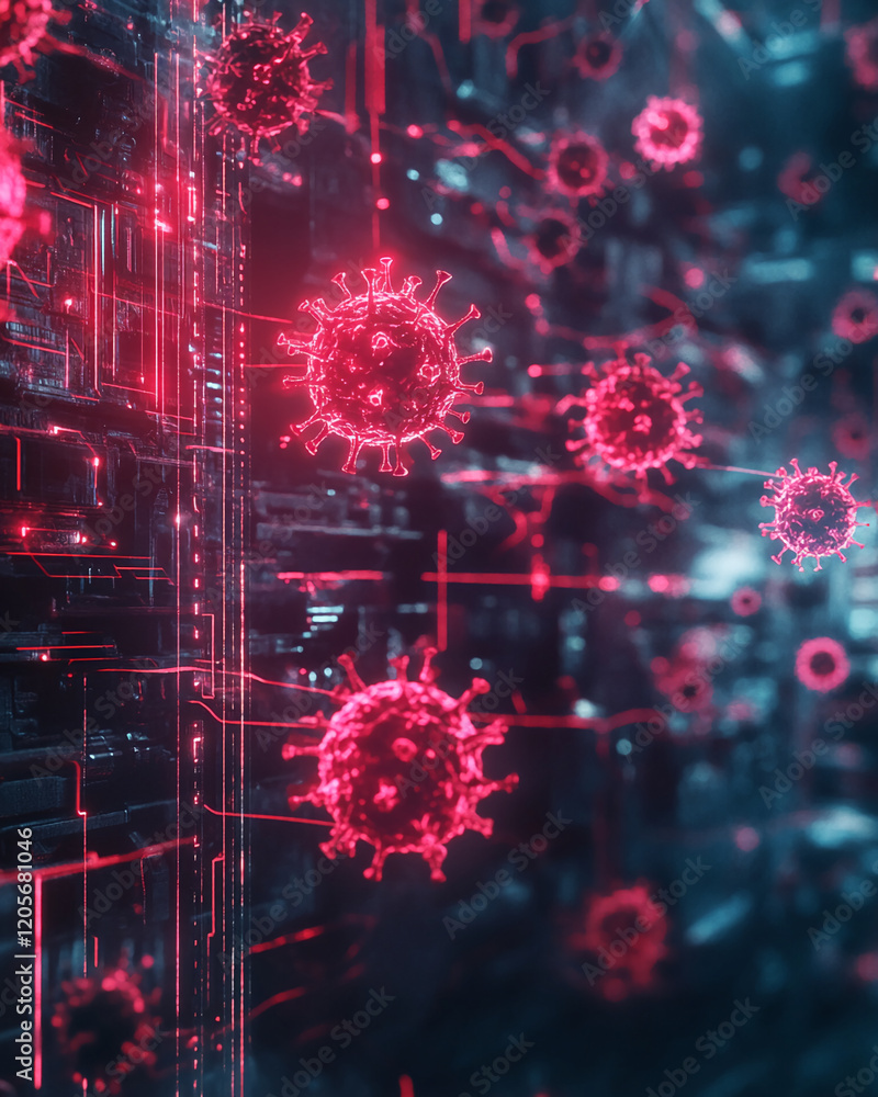 Poster red glowing virus models on a futuristic digital circuit board in cyber technology concept