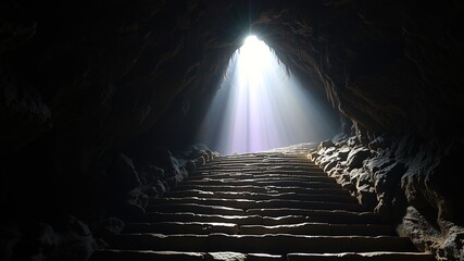 Obraz premium Dark Cave Staircase Entrance Light, Epic Cave Scene, High Detail