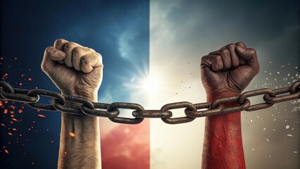 Two Fists Breaking Free from Chains Against French Flag