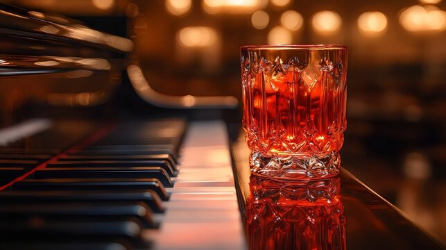 A glass of red liquid sits on top of a piano