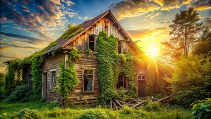 Abandoned Wooden House in Forest, Rustic Decaying Cottage, Old Weathered Structure