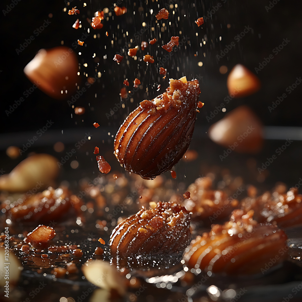 Poster delicious madeleines with crispy bacon bits are suspended mid air, creating dynamic and appetizing s