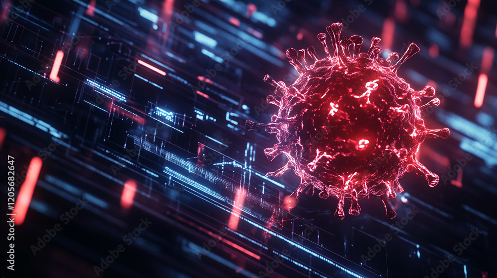 Poster red virus digital representation over a futuristic circuit board with glowing lights