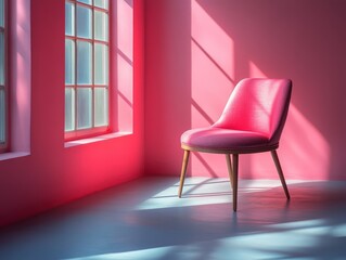 A pink chair in a brightly lit room with soft shadows and vibrant colors.