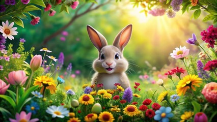 Colorful illustration of a happy rabbit surrounded by vibrant flowers and lush greenery in a whimsical garden setting , spring