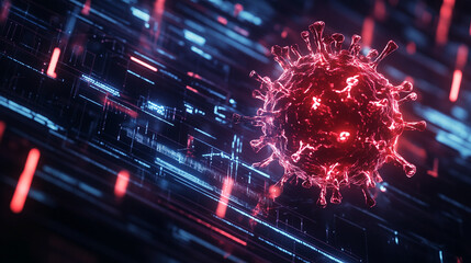 Red virus digital representation over a futuristic circuit board with glowing lights