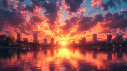 Fototapeta premium Fiery Sunset over City Skyline
