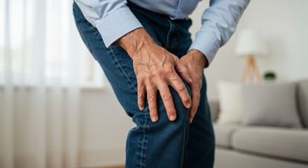 The image shows an elderly man standing outdoors, holding his knee with a pained expression.

