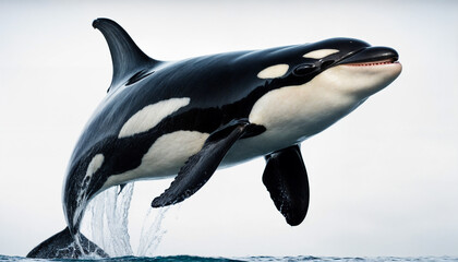 A powerful and graceful orca leaps out of the water, displaying its striking black-and-white markings against the serene ocean backdrop.