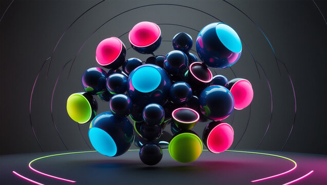 A futuristic, high-contrast composition featuring a cluster of 3D abstract shapes in various geometric forms, including spheres, cuboids, and ellipses, suspended in a seemingly infinite