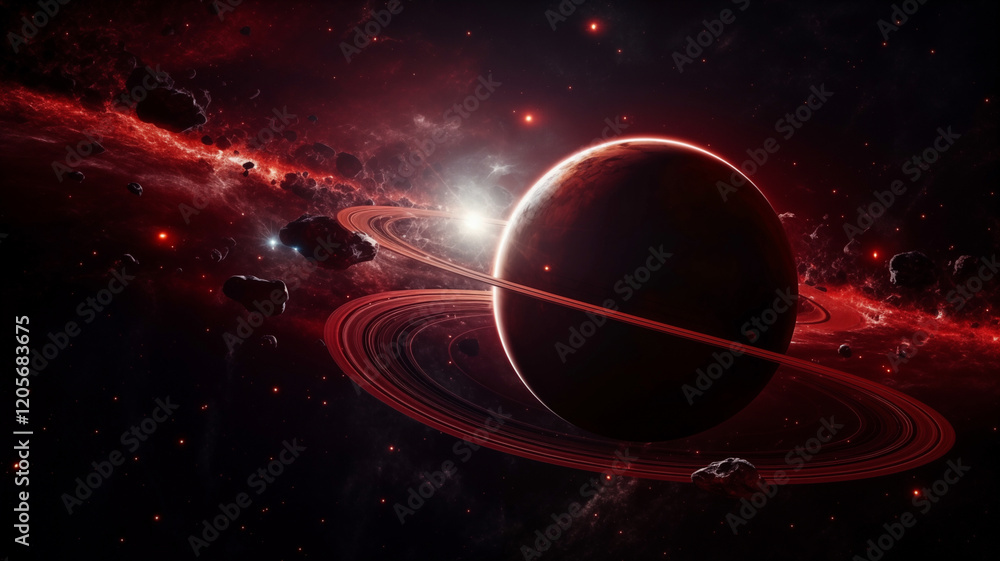 Canvas Prints cosmic landscape with rings around a planet and a glowing sun backdrop. generative ai