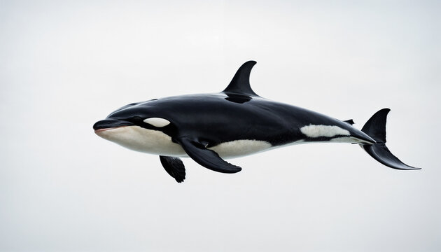 A powerful and graceful orca leaps out of the water, displaying its striking black-and-white markings against the serene ocean backdrop.