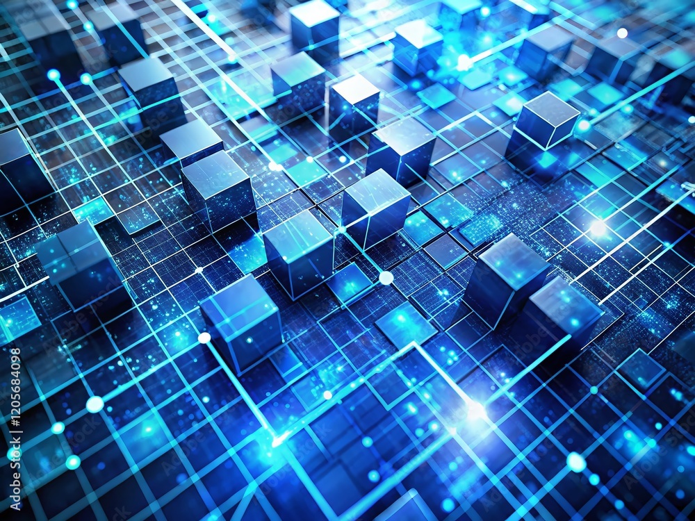 Poster abstract blue digital data square pixel pattern, connected dots lines, white background - surreal te