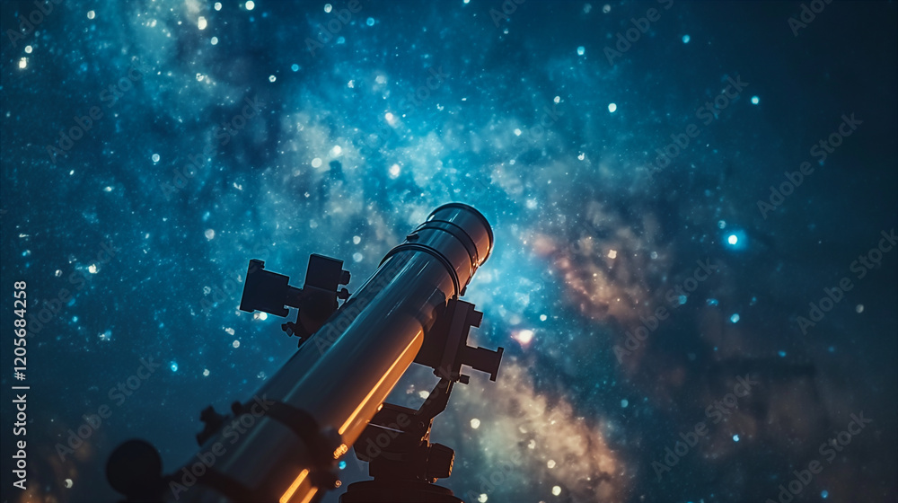 Wall mural exploring the universe through a telescope under a starry sky. generative ai